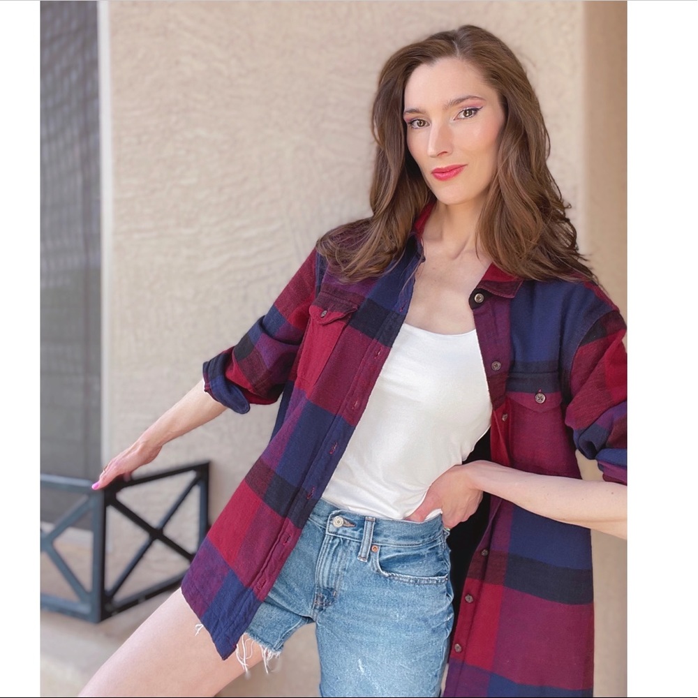 MARINE LAYER NWOT Burgundy Navy Plaid Thick Flannel Jacket Shirt Riley Overshirt